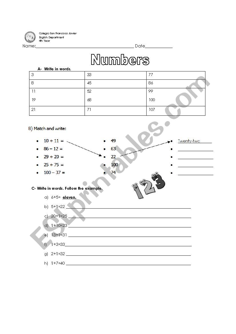 Numbers 1 to 100 worksheet