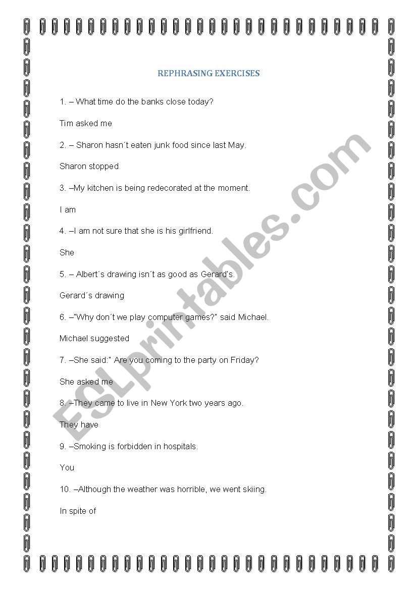 Rephrasing exercises worksheet