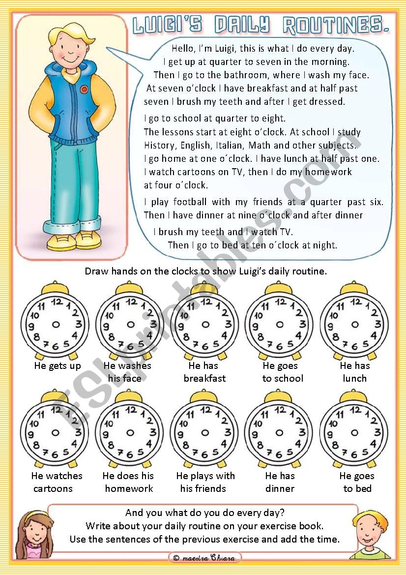 Present simple reading exercises. Daily Routine time. Daily Routine and time Worksheets. Daily Routines telling the time. Telling the time Daily Routine Worksheets.
