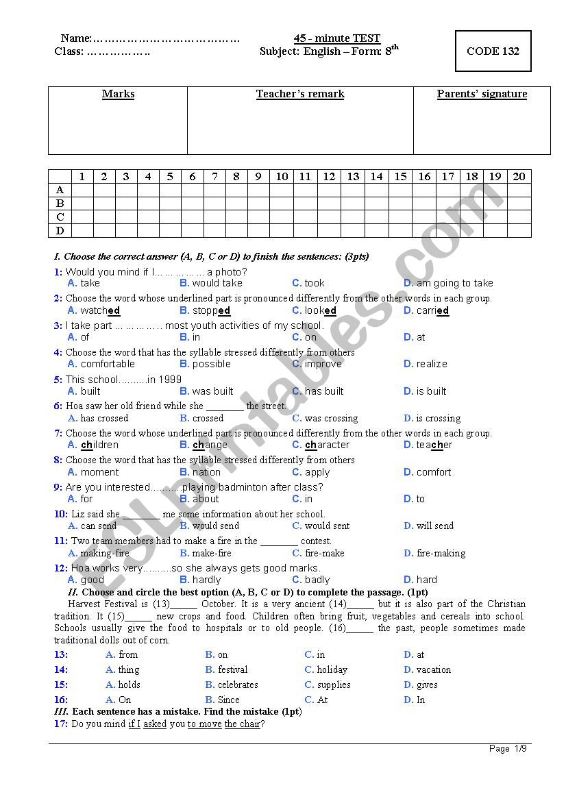 TEST GRADE 8 worksheet