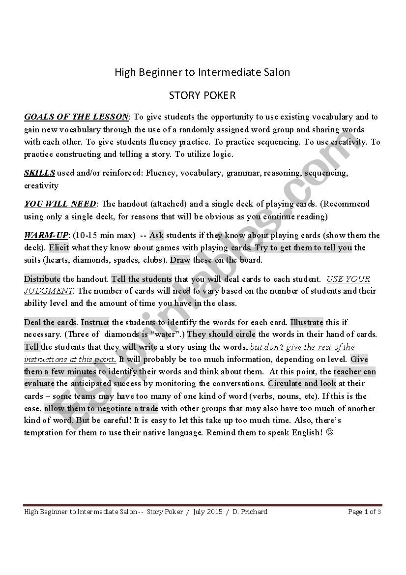 STORY POKER worksheet