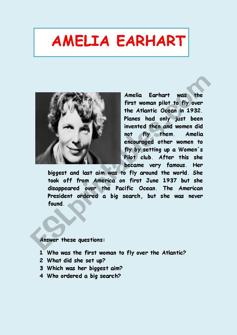 Amelia Earhart worksheet