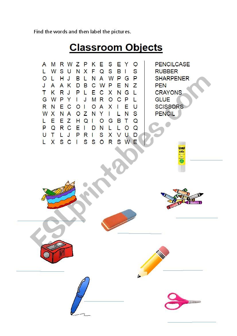 Classroom objects Word Search worksheet