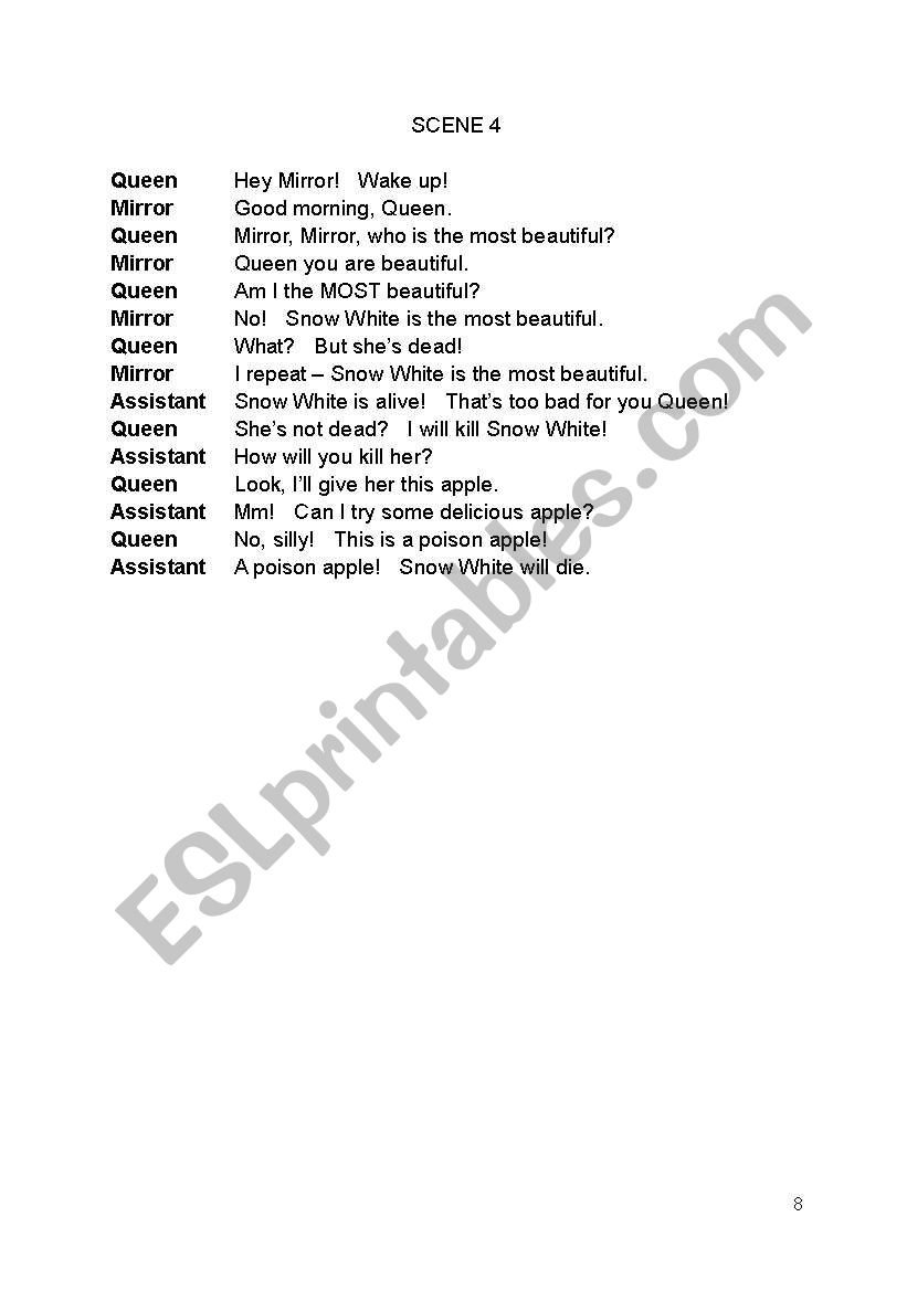 Snow White and the Seven Dwarfs - Play Script - ESL worksheet by kathrynhope79 Snow White and the Seven Dwarfs - Play Script - ESL worksheet by kathrynhope79
