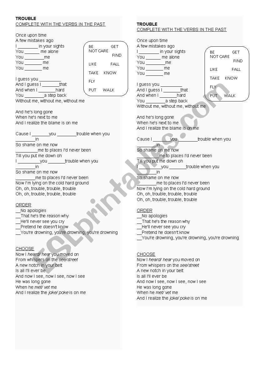 Trouble by Taylor Swift worksheet
