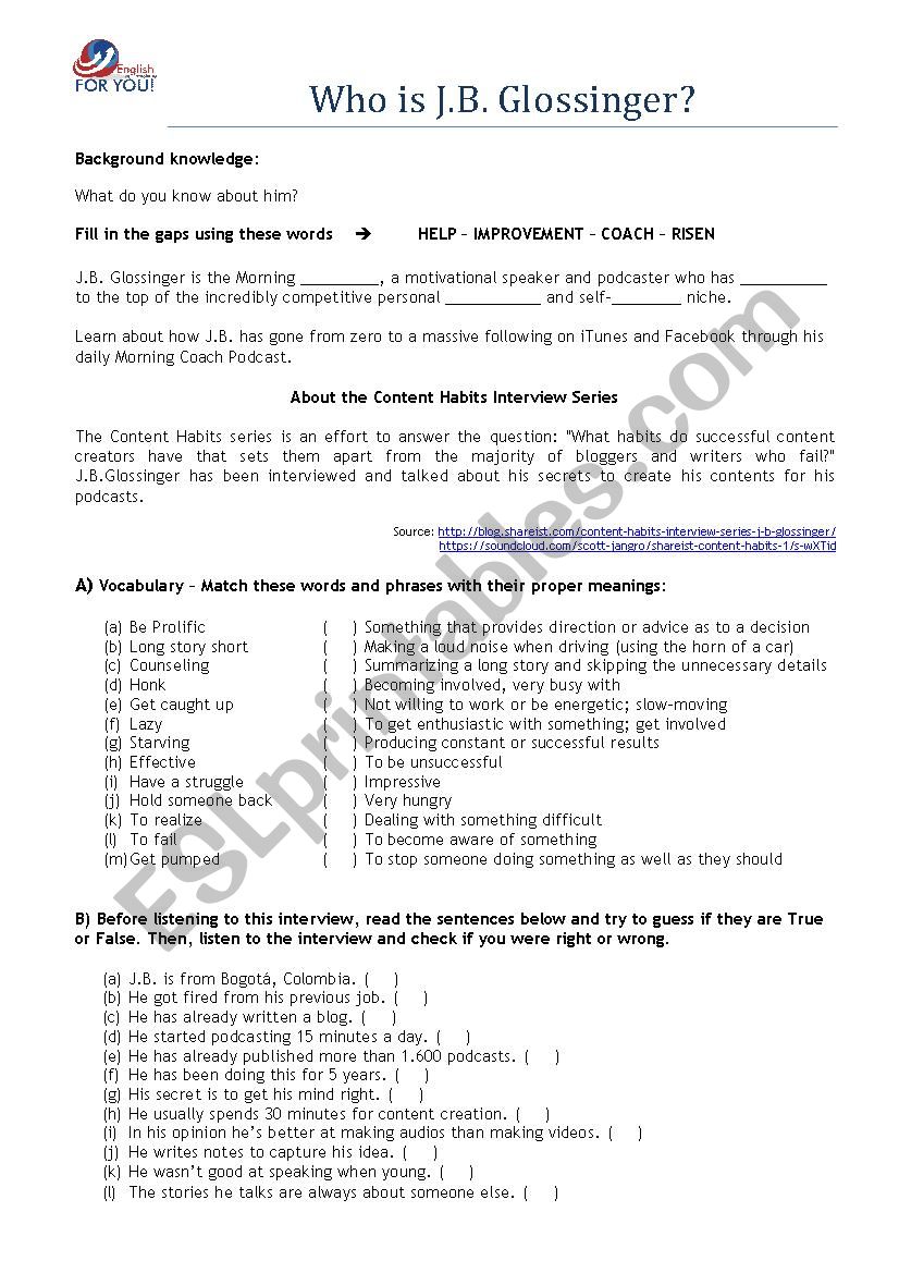 J. B. Glossinger interview worksheet