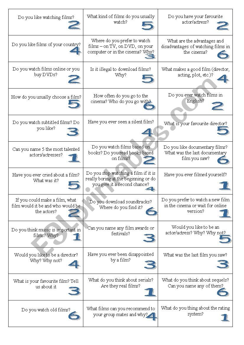 Movie speaking cards worksheet