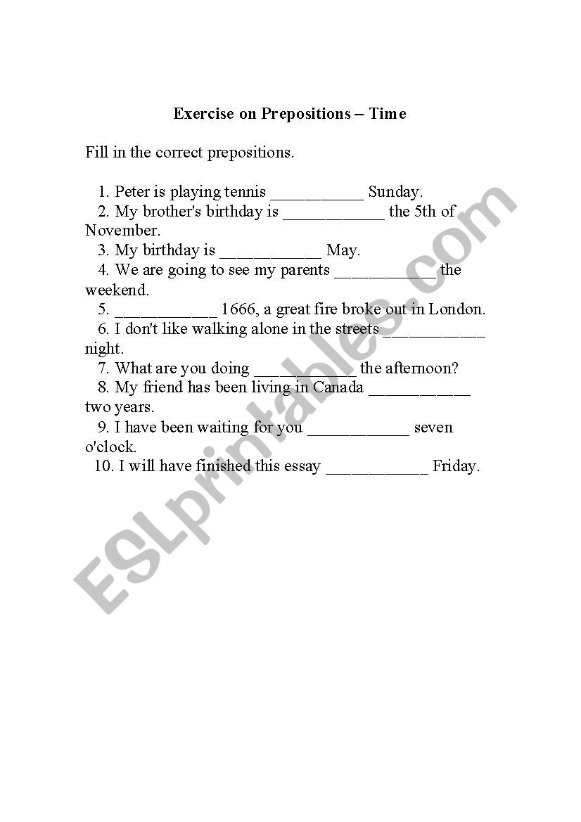 Prepositions of time worksheet