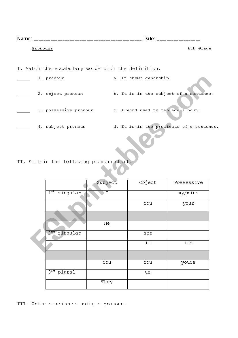 pronoun test fot 5th and 6th grade