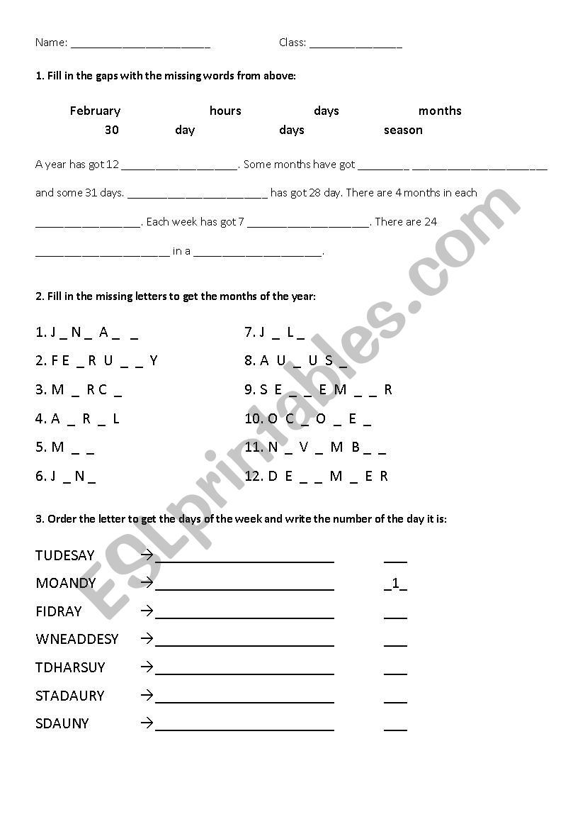 Months of the year worksheet