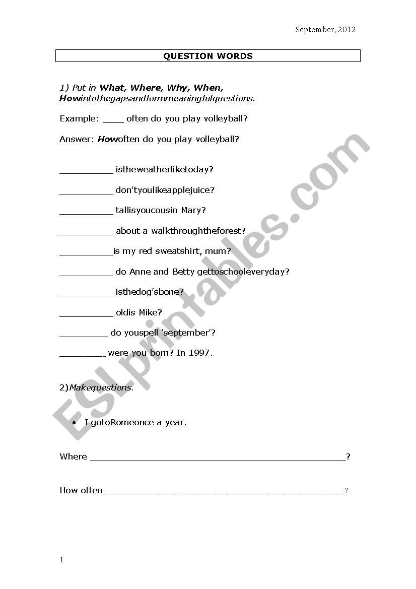 Question words worksheet