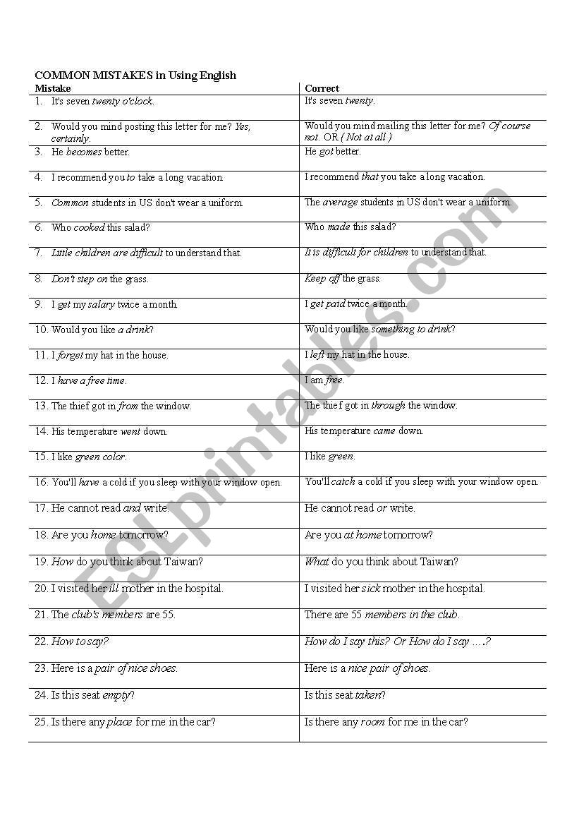 common mistakes using english worksheet