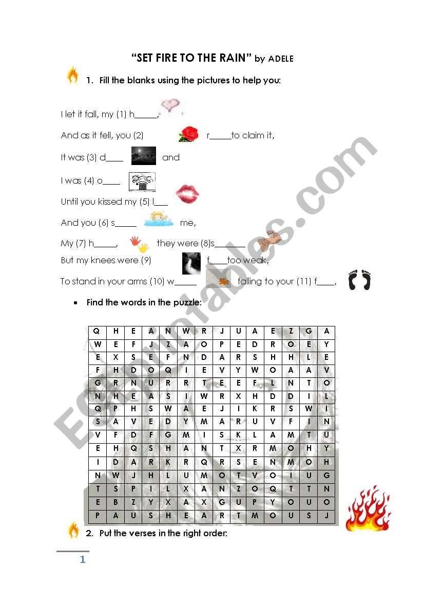 Set fire to the rain - song worksheet