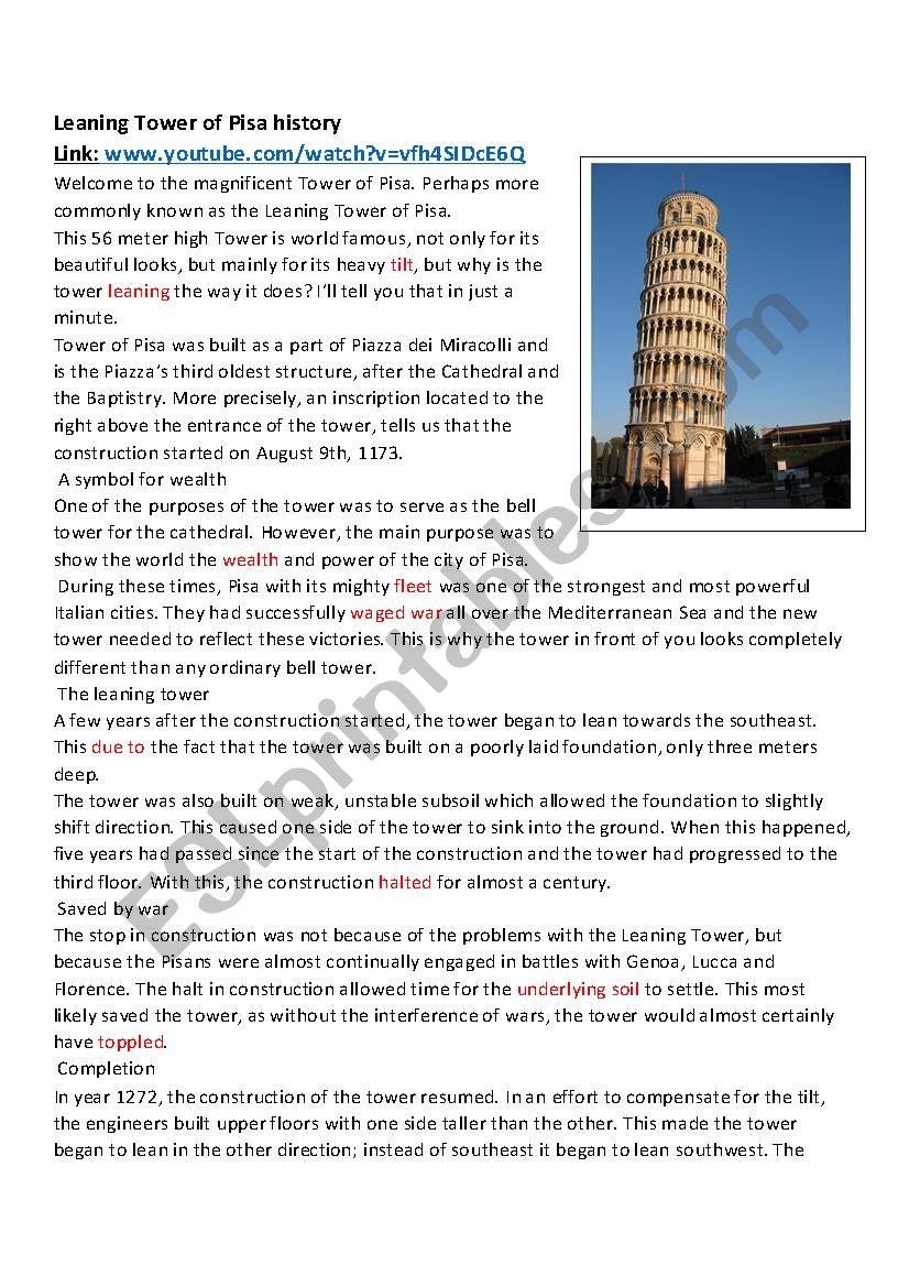 The Leaning Tower of Pisa worksheet