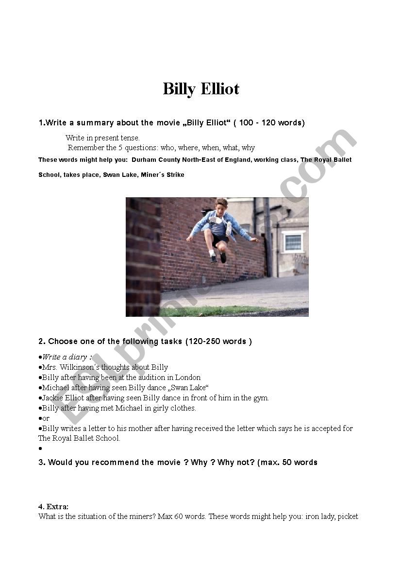 Billy Elliot Written Tasks test