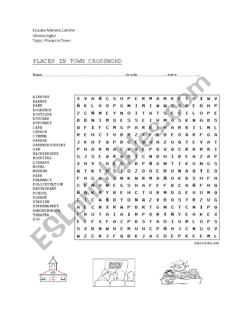 Places in town vocabulary worksheet
