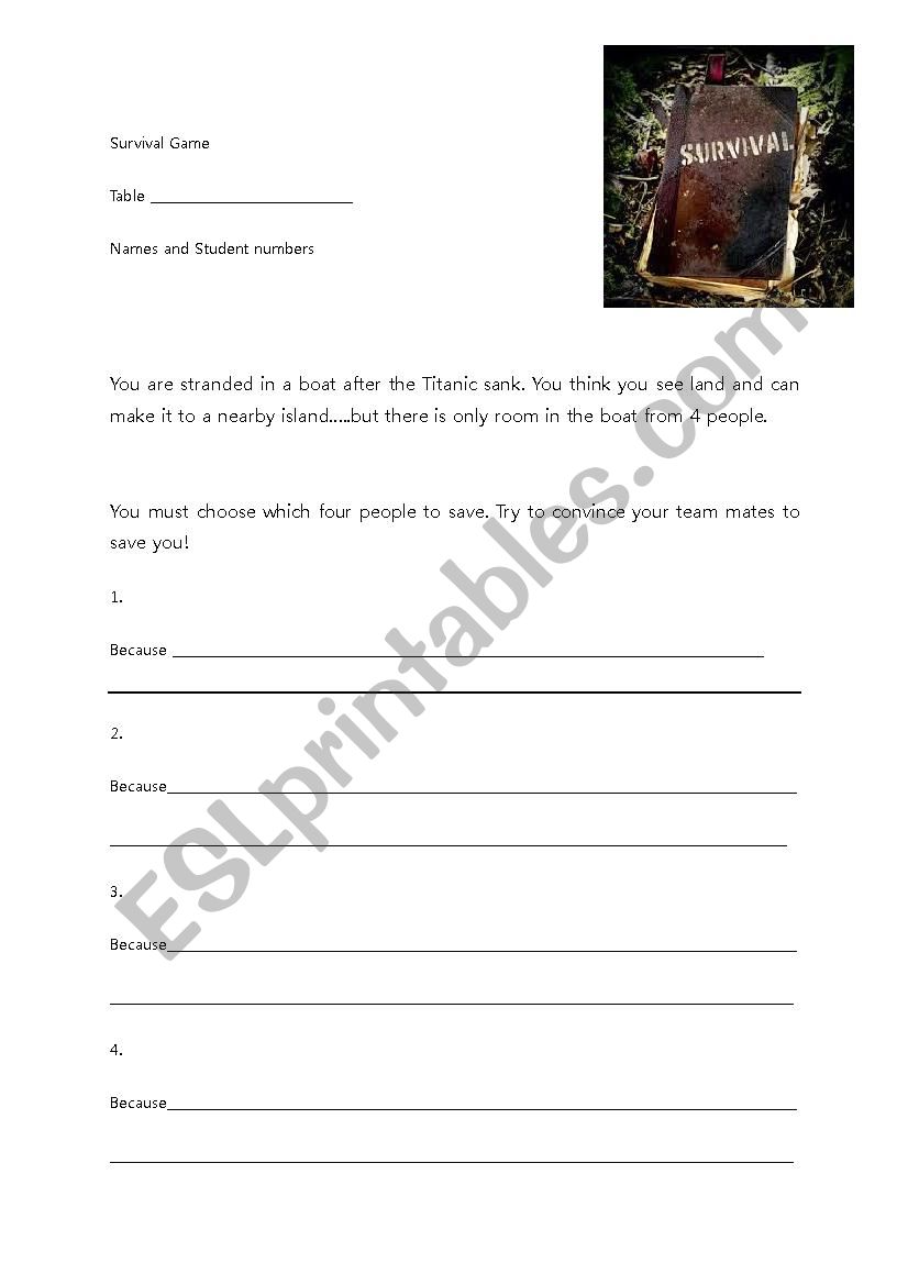 Survival Game worksheet