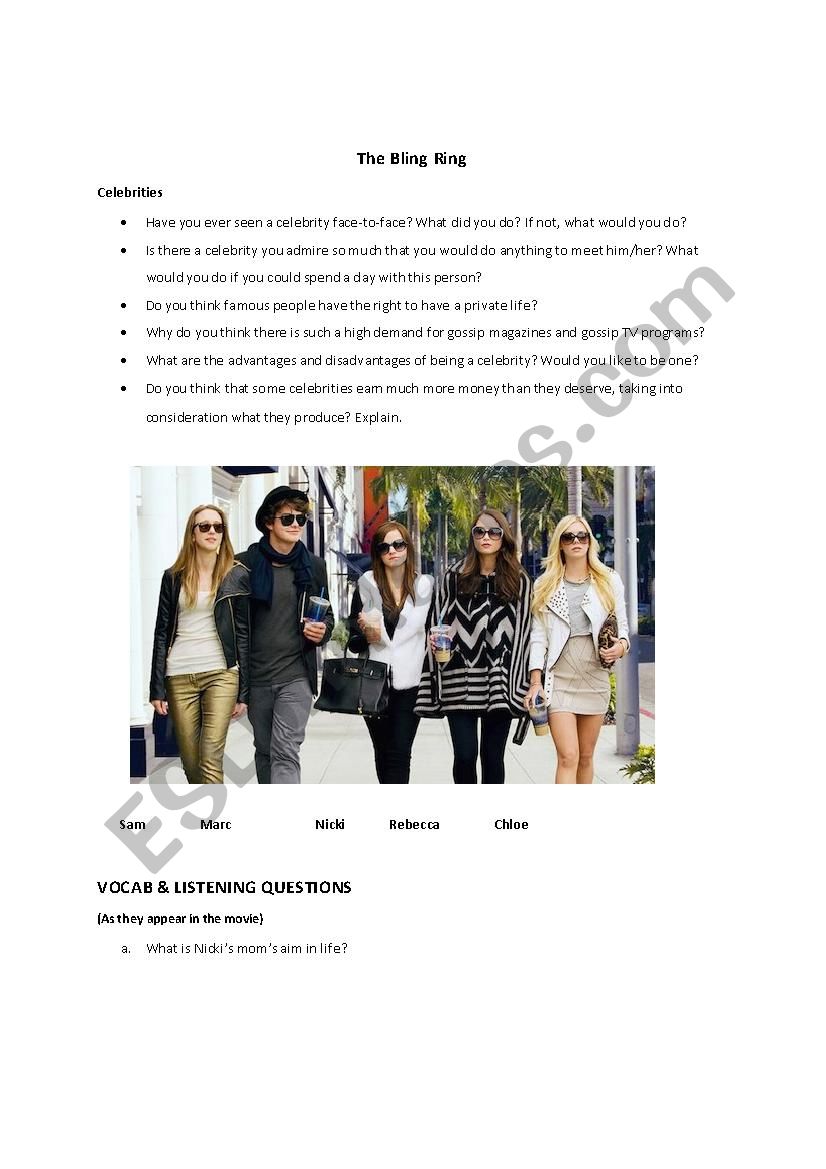 The Bling Ring movie worksheet