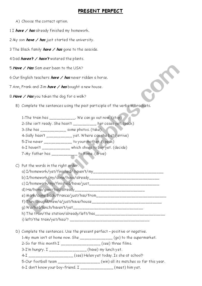 Present Perfect Test worksheet