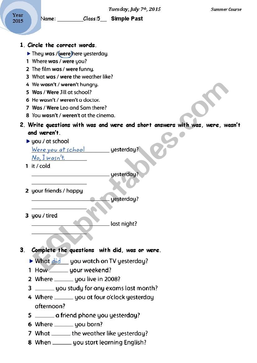 Past Simple Revision worksheet