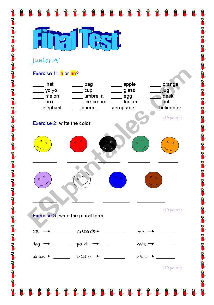 final test for a junior worksheet