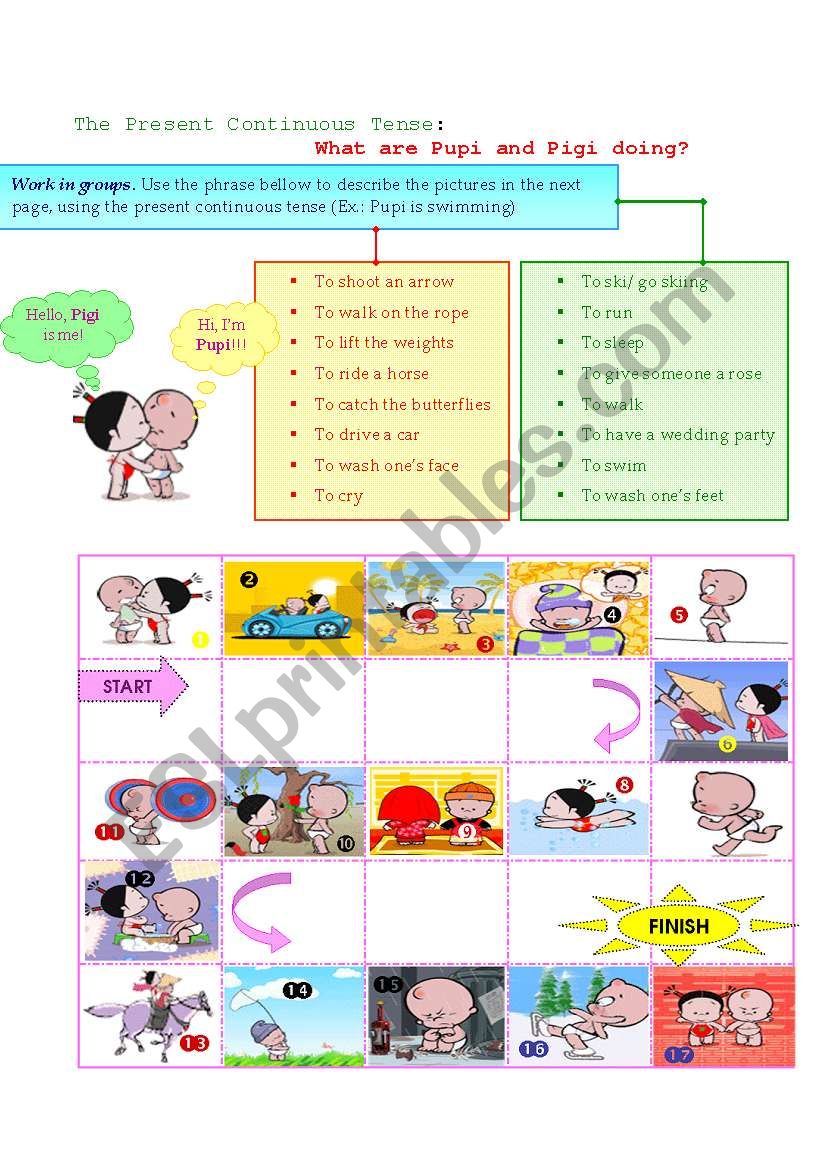 What are Pupi and Pigi doing? A game for practicing the present continuous tense