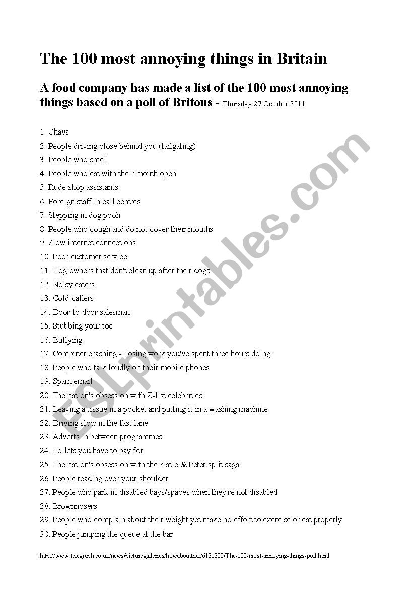 Top 100 Annoying Things worksheet