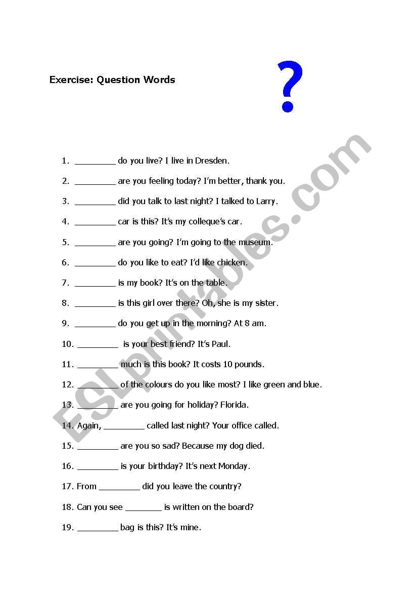 Exercise in question words worksheet