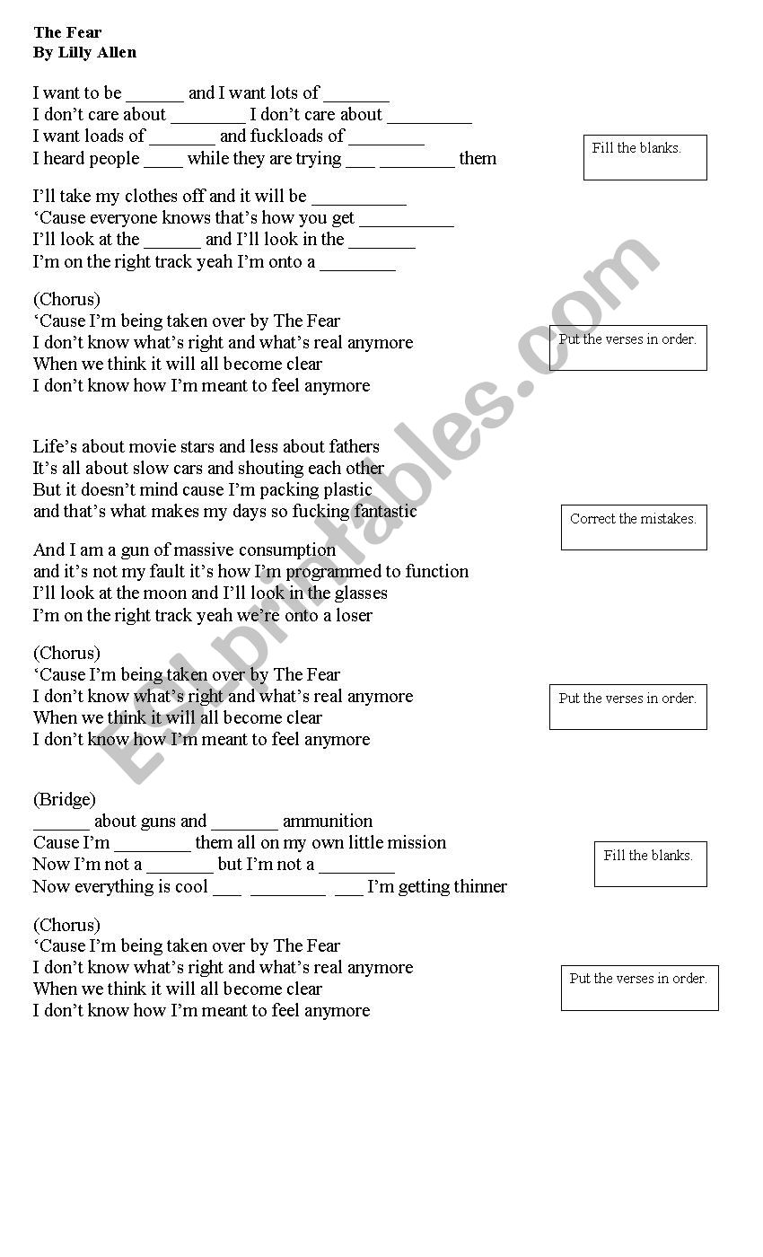 The Fear - Lily Allen worksheet