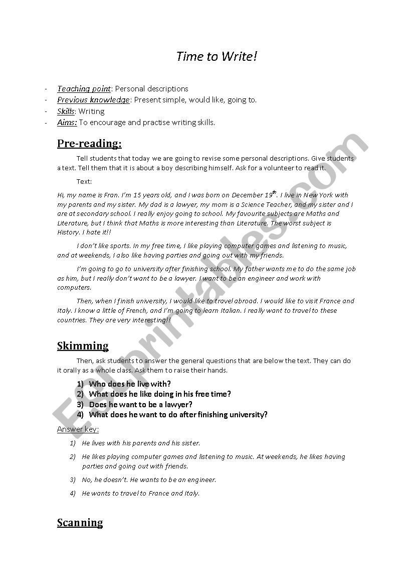 Time to write! worksheet