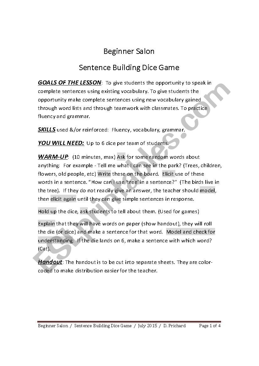 SENTENCE BUILDING DICE GAME worksheet