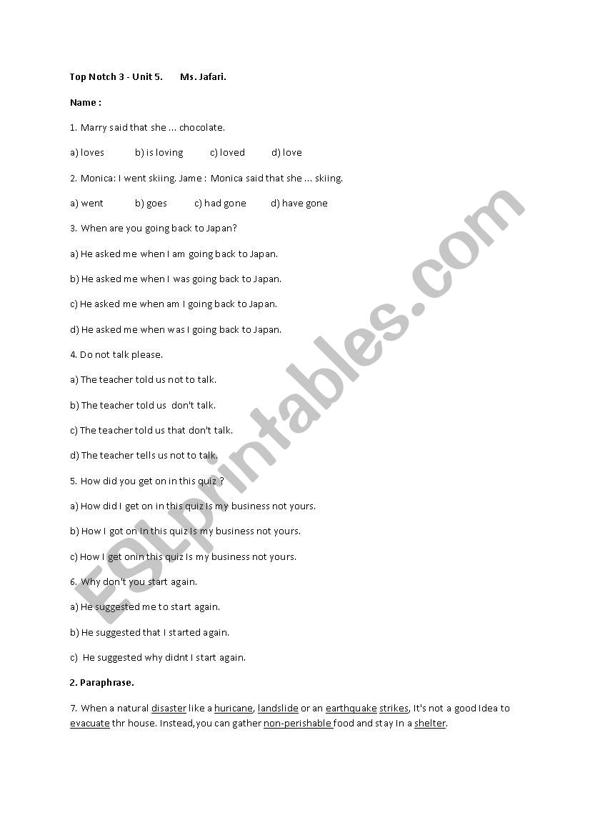 Indirect speech worksheet