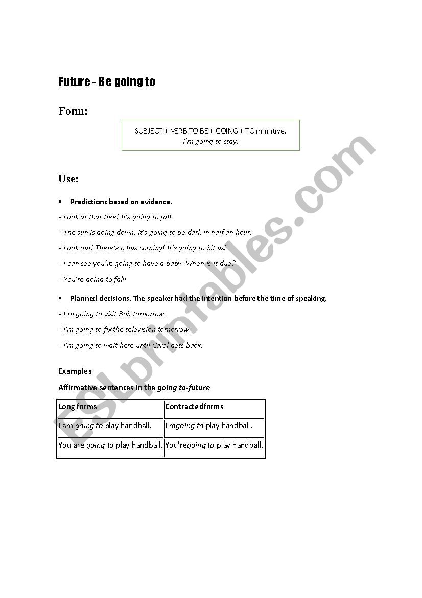 Be going to worksheet