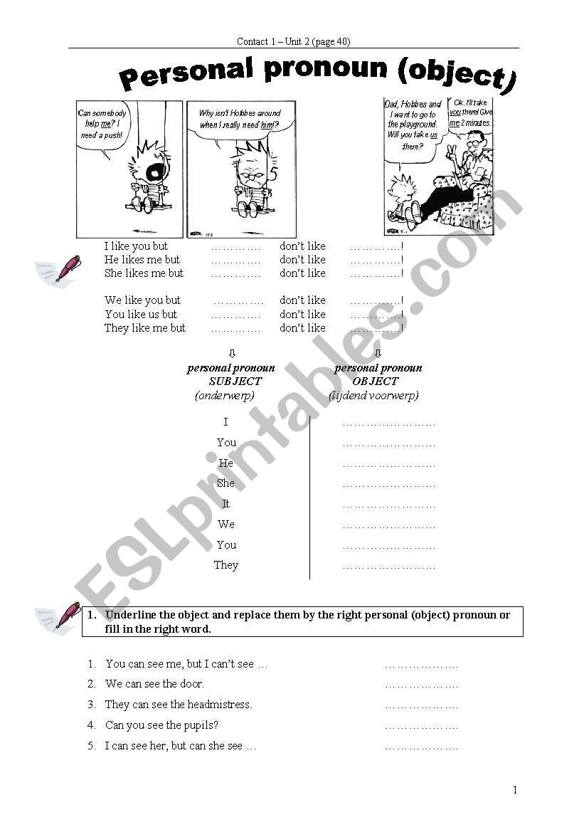 personal pronoun object worksheet