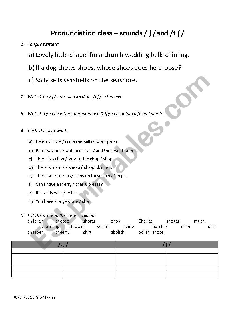 Pronunciation practice sounds / ʃ / and /t ʃ /