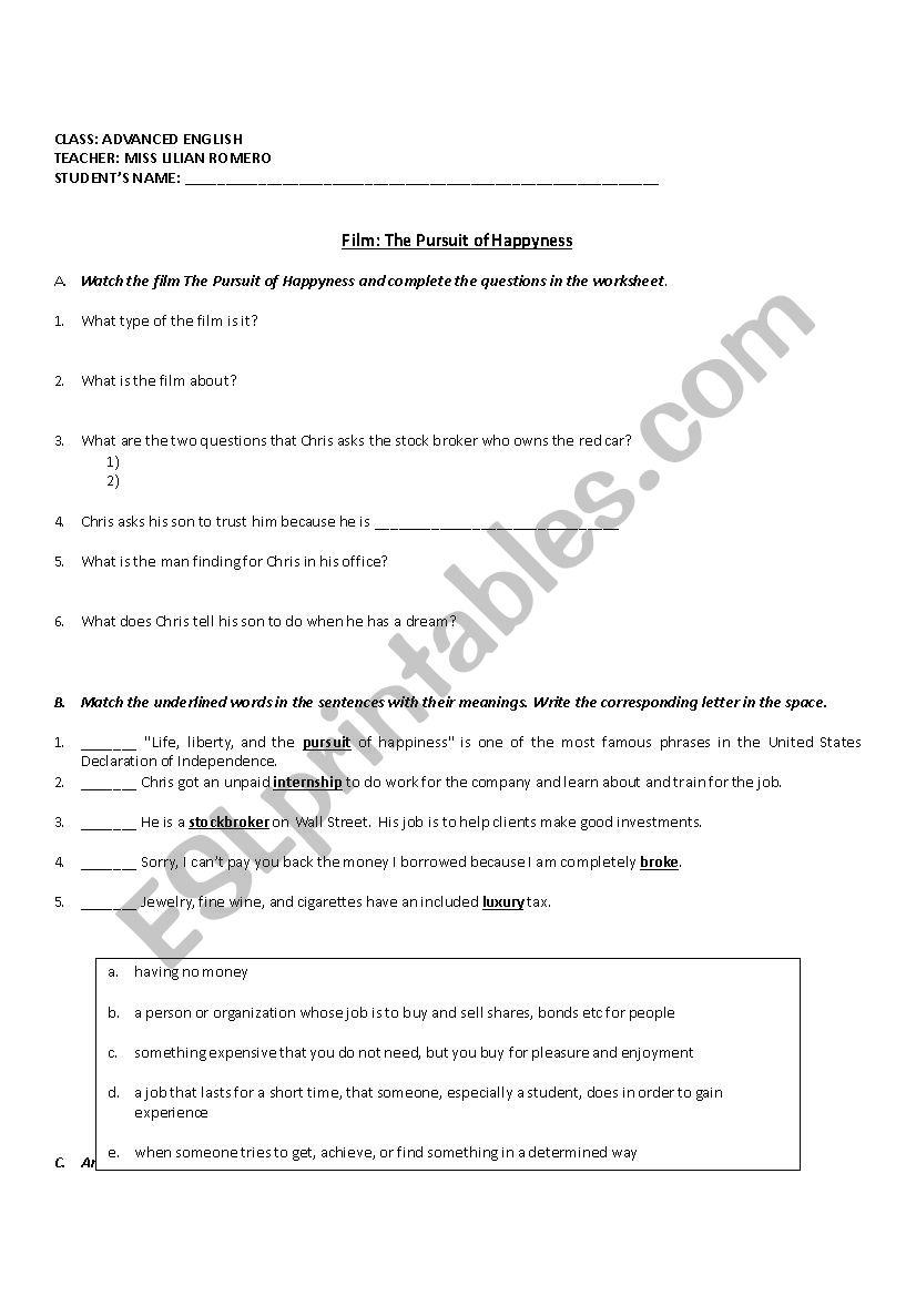 the pursuit of happyness movie worksheet