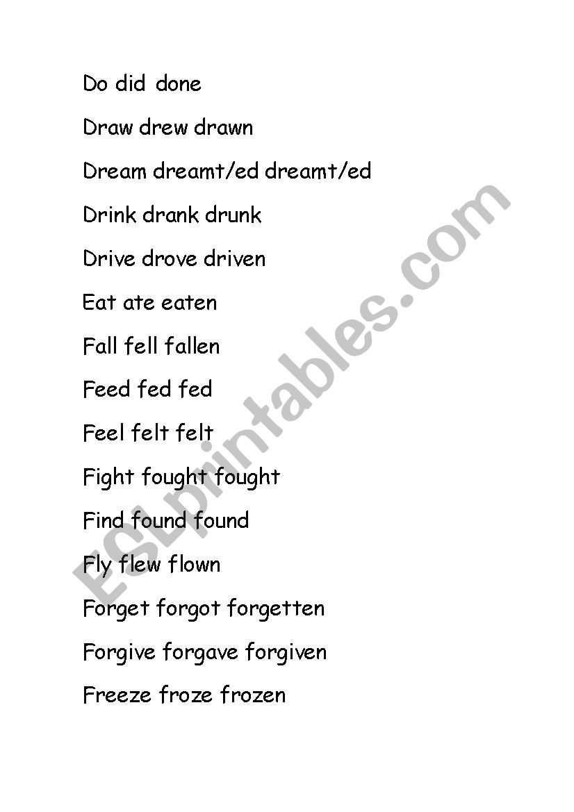 Irregular verbs to cut out worksheet