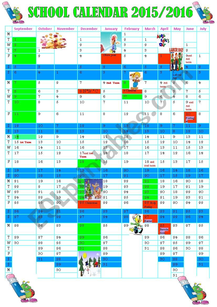 SCHOOL CALENDAR 2015/2016 worksheet