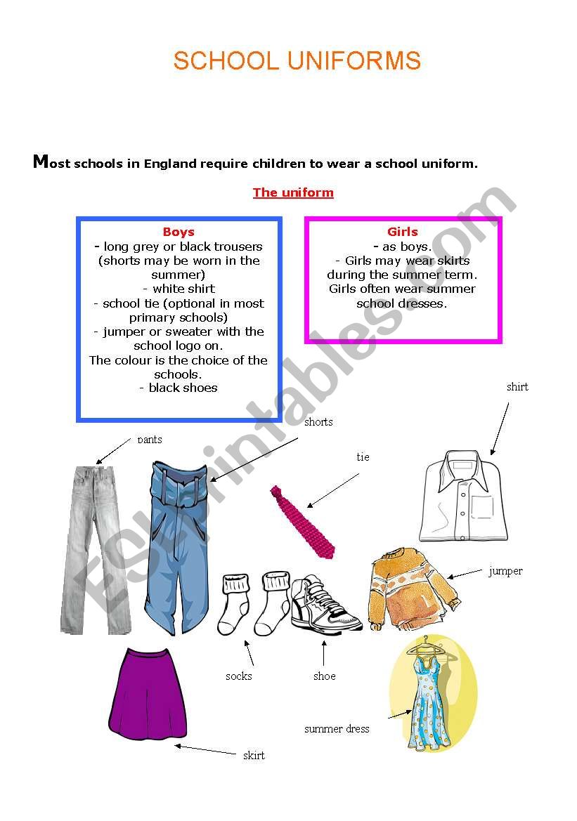 SCHOOL UNIFORMS worksheet