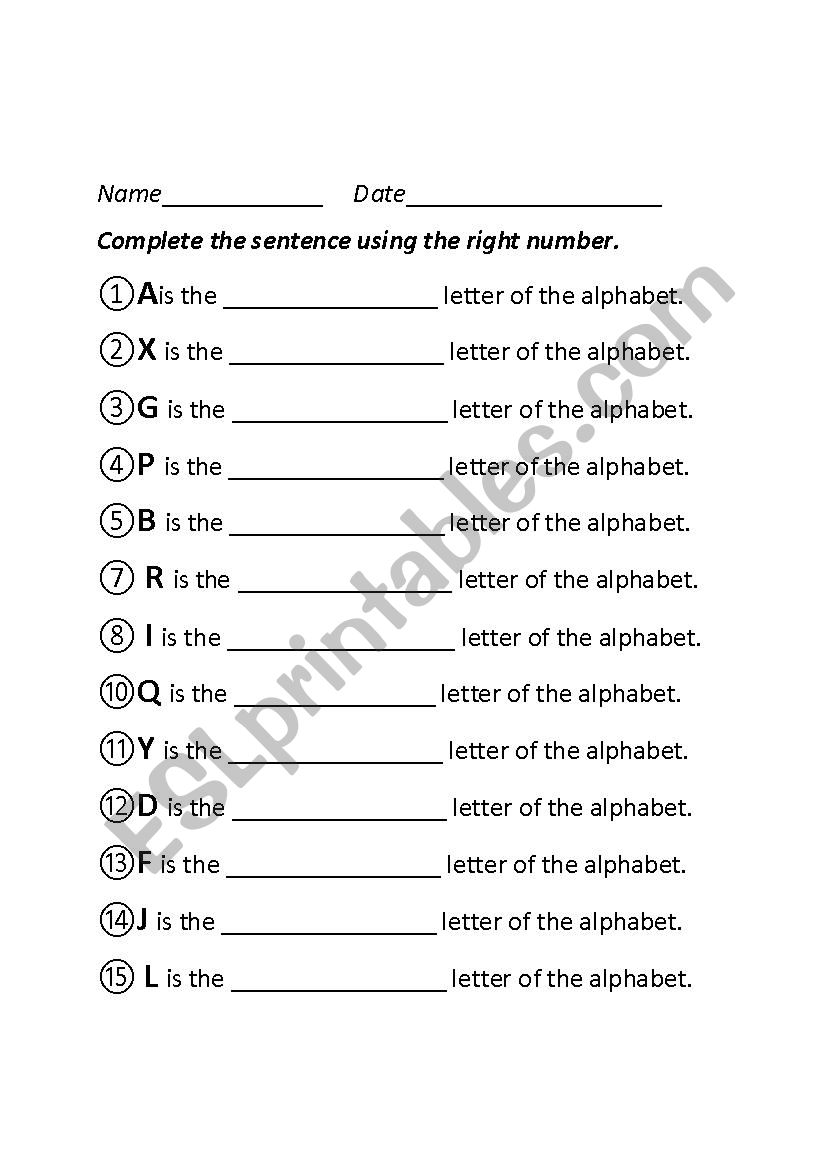 Alphabet Ordinal Numbers worksheet