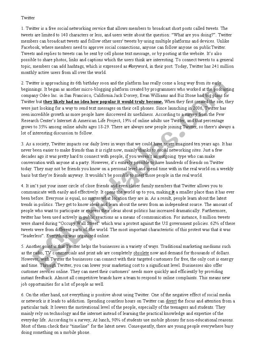 Reading about Twitter worksheet Reading about Twitter worksheet