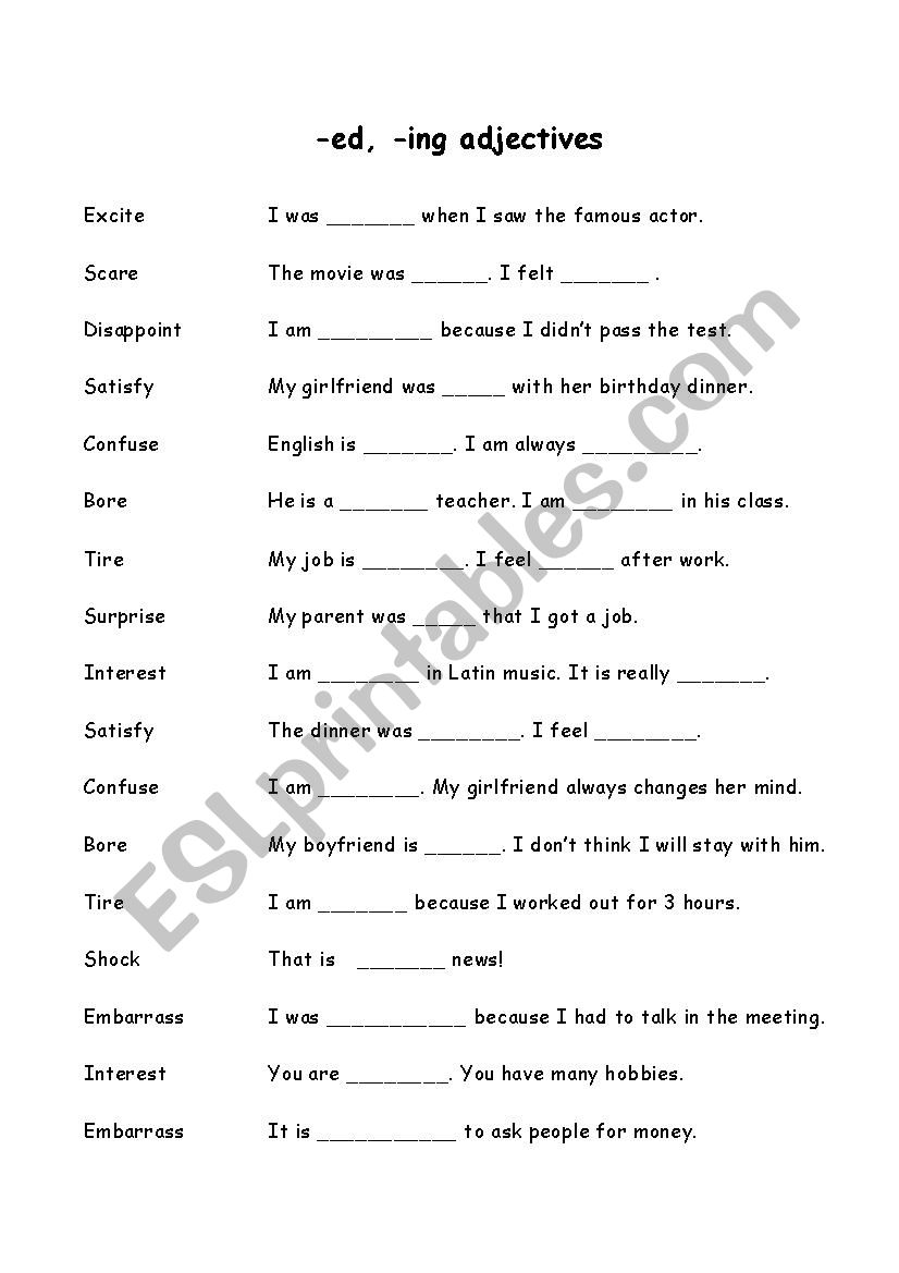  ed ing Adjectives ESL Worksheet By EMICHANINJAPAN