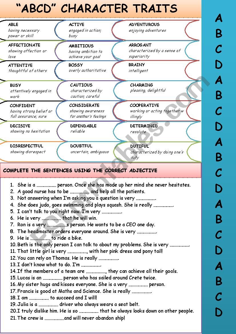 ADJECTIVES: ABCD CHARACTER TRAITS
