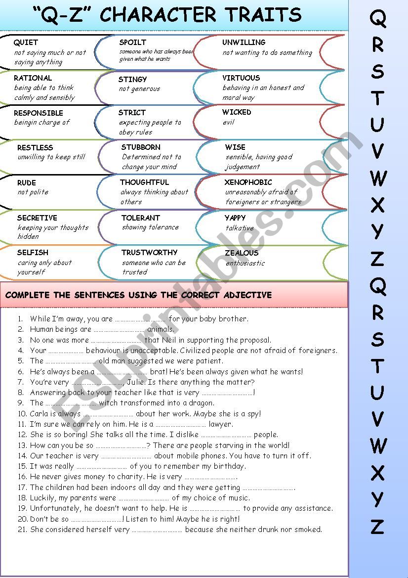 ADJECTIVES: Q-Z CHARACTER TRAITS