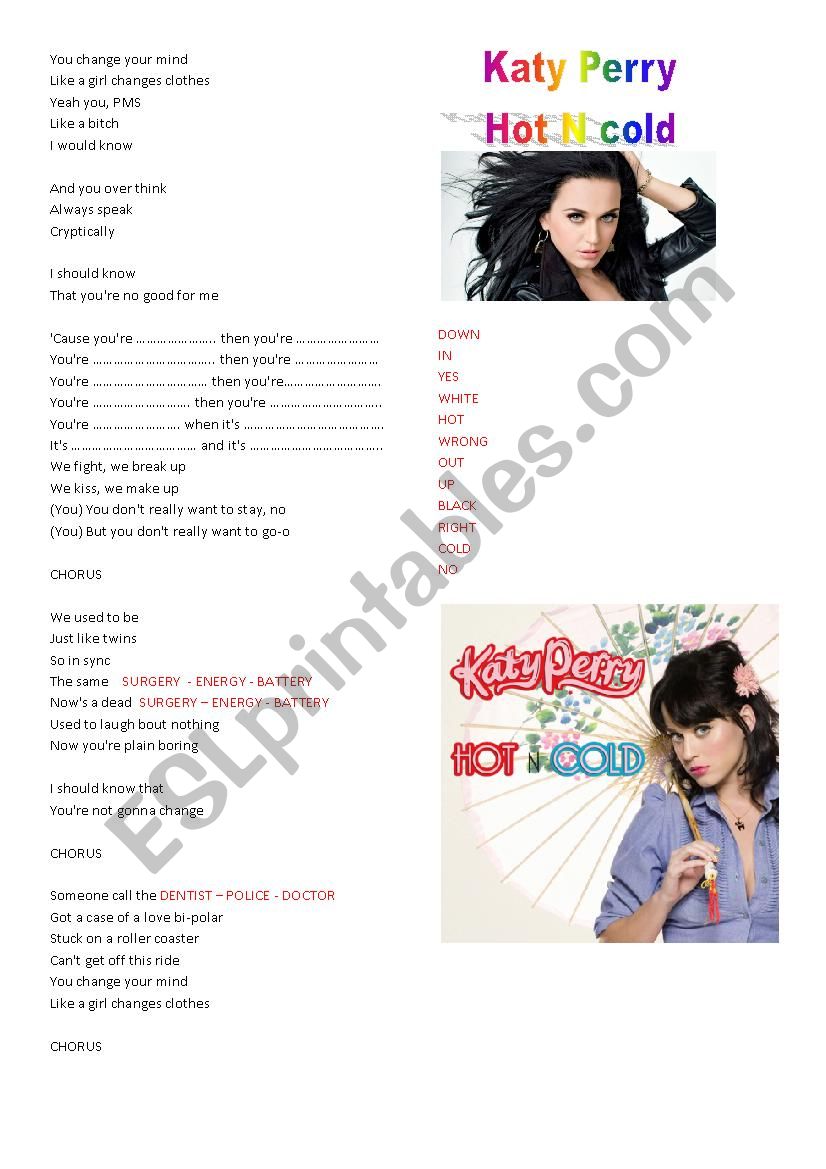 Song Hot N cold Katy Perry worksheet