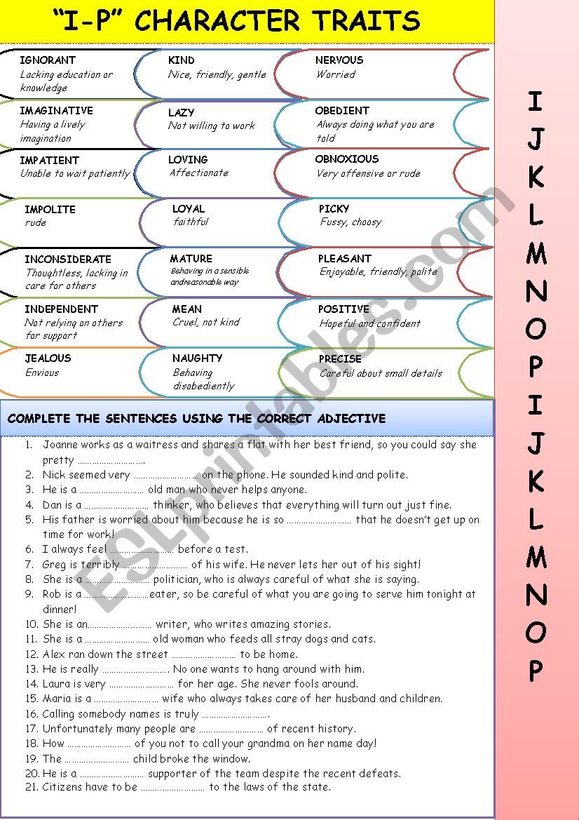 ADJECTIVES: I-P CHARACTER TRAITS