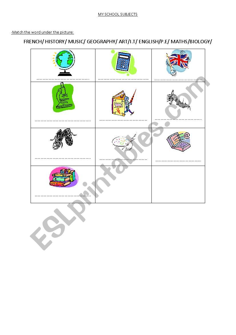 School subjects worksheet