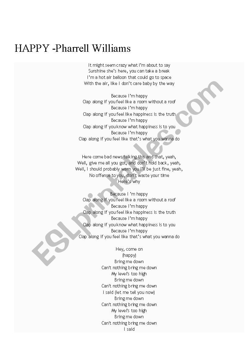 Song Worksheet: Happy by Pharrel Williams