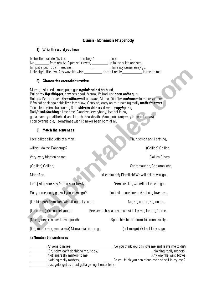 queen - bohemian rhapsody worksheet