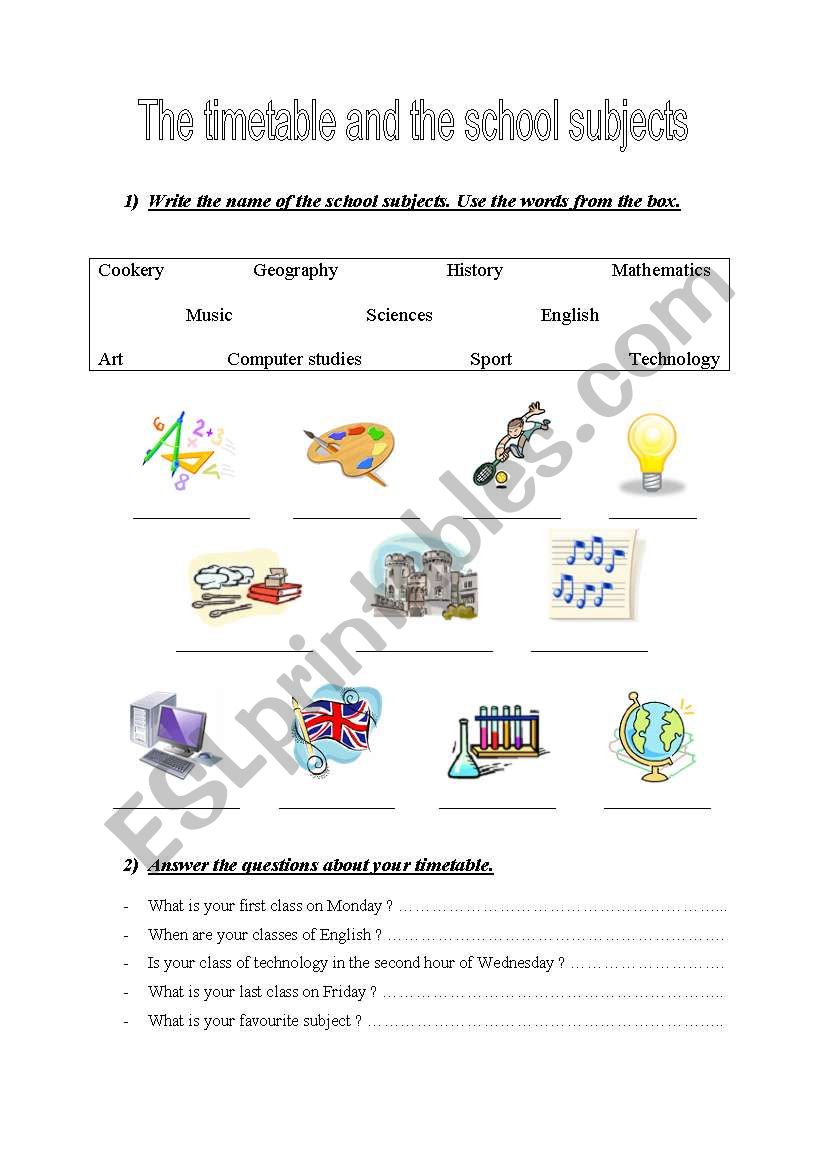 Timetable and school subjects worksheet